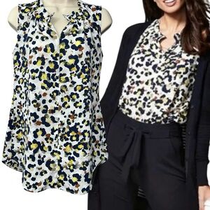 Women's‎ Size Small Sleeveless Ruffle Neck Blouse Abstract Floral White Navy S